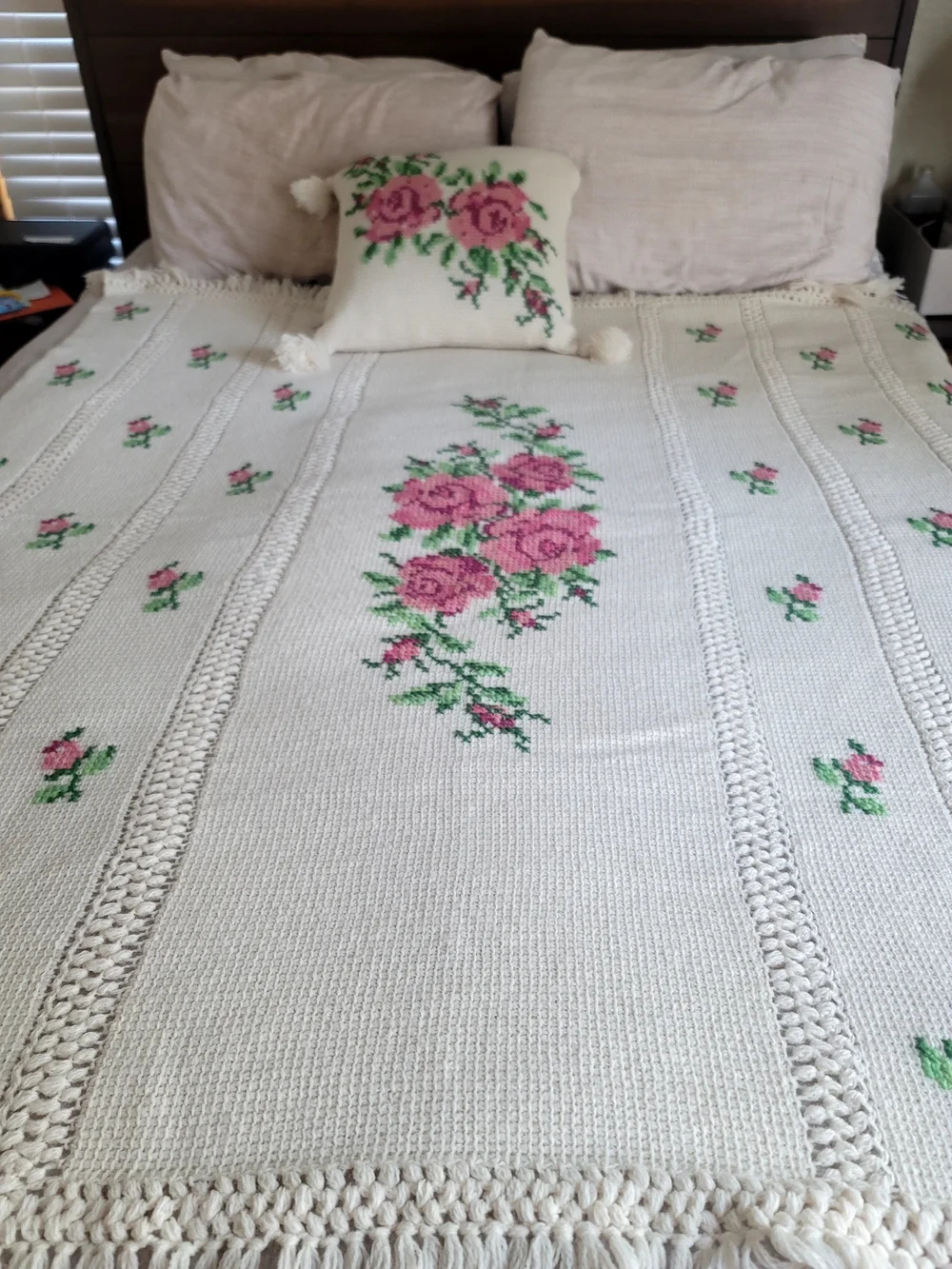 Decorative Pink Rose Cross-Stitch Throw Pillow and Blanket - Home Accents